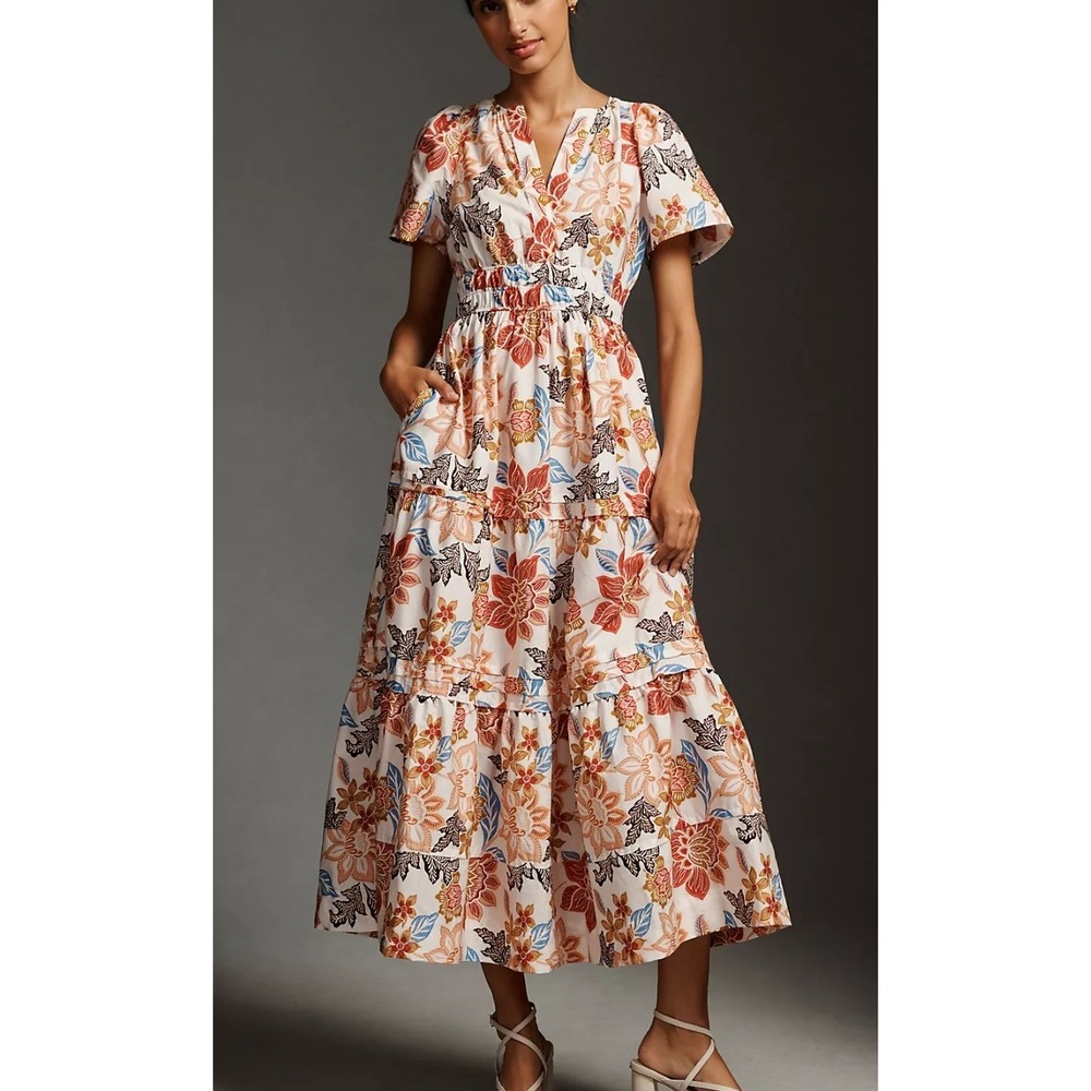 Anthropologie Somerset Maxi Dress Tiered Ruffle Floral Cotton Fall Cotton Medium